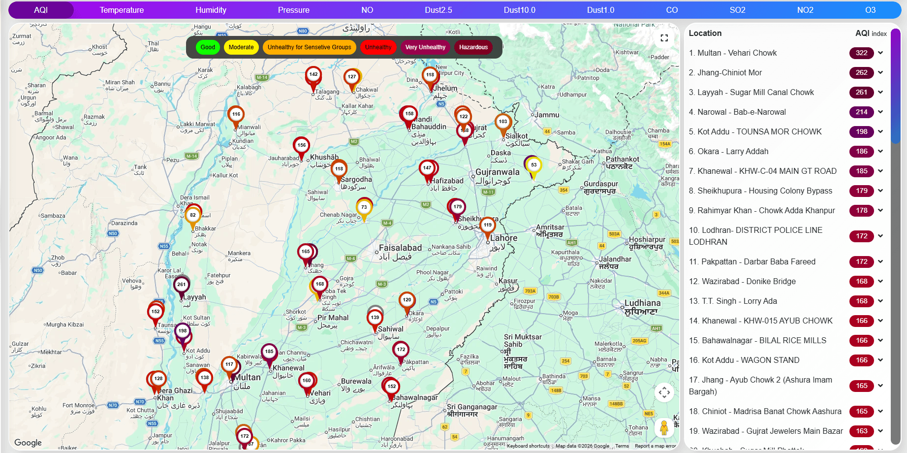 Air quality monitoring map showing color-coded AQI stations across Punjab, a pollution severity legend, pollutant tabs, and location readings.