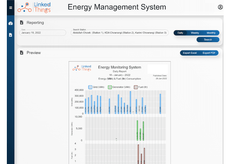 Energy report with grid generator and fuel charts and export controls