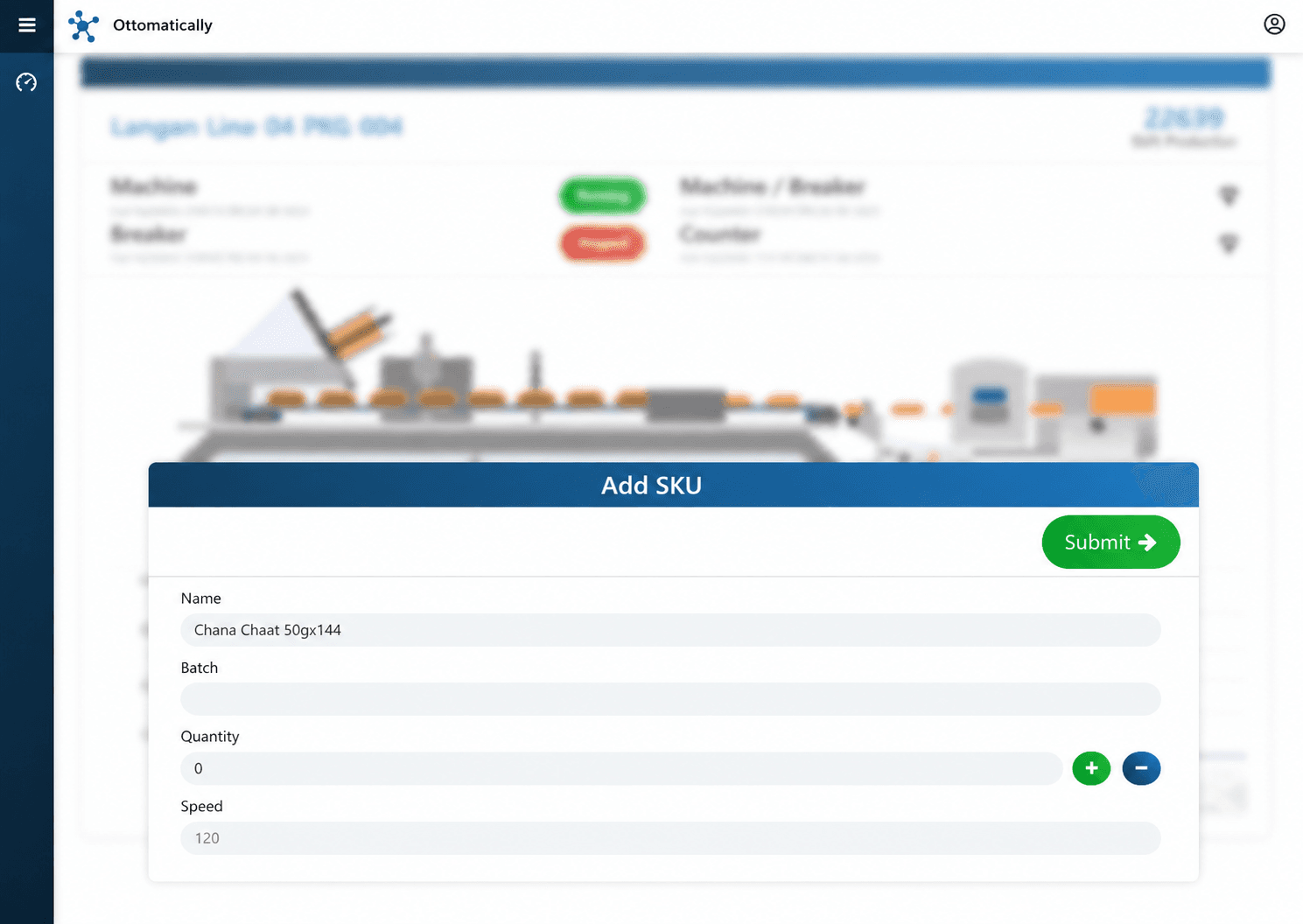 Production SKU batch quantity and speed setup interface