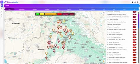 Air-quality monitoring map with color-coded station markers and location list